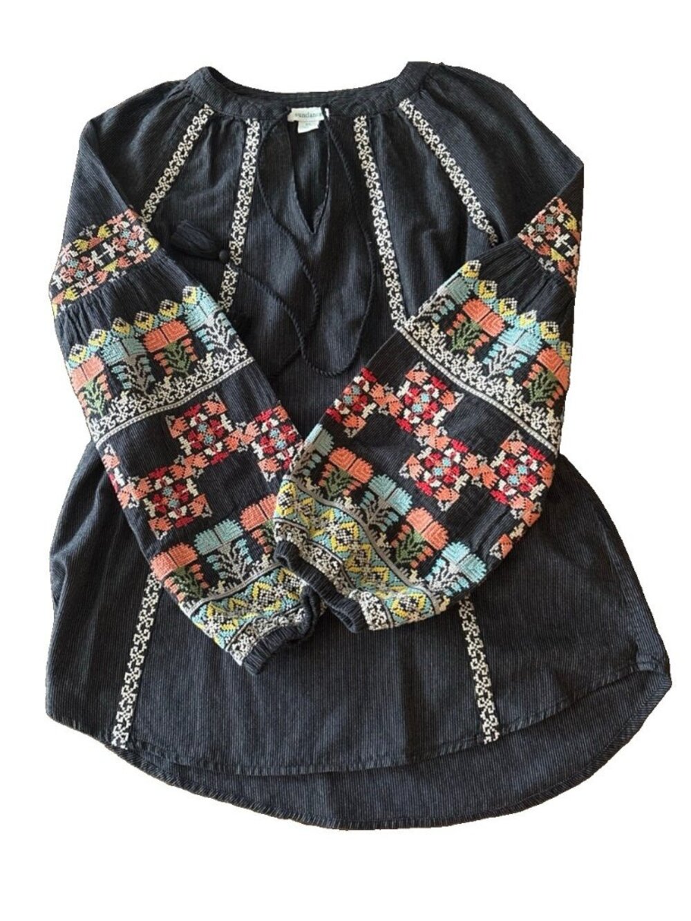 Sundance XS Black "A Tale of Stories" Cotton Embroidered Boho Peasant Blouse Top